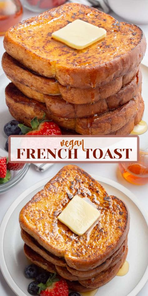 Vegan French toast is a classic weekend breakfast. Slices of thick-cut bread are dipped in a cinnamon batter, pan fried until browned and crispy, then drizzled in maple syrup. It’s sure to become a family favorite breakfast. Non Dairy Recipes Breakfast, Vegan Friendly Breakfast, Eggless Christmas Breakfast Ideas, Bread Ideas For Breakfast, Gf Breakfast Recipes, Sweet Vegan Breakfast, Vegan Sweet Breakfast Ideas, Eggless Vegetarian Recipes, Vegan Kids Breakfast