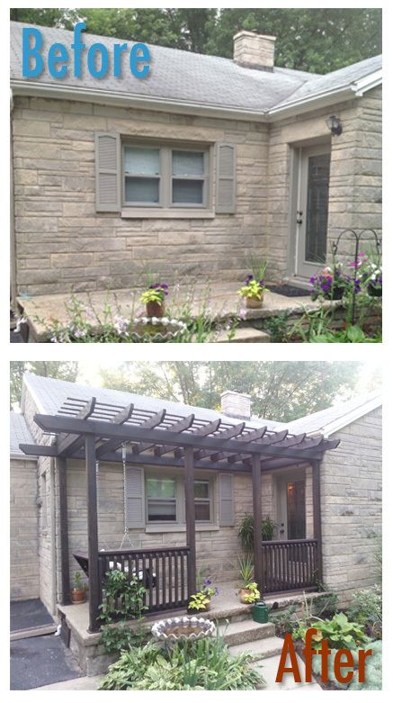 Before and After Porch - custom DIY pergola.  Check out the blog - oursecondchancehouse.com Front Porch Pergola, Carport Modern, Pergola Design, Casa Country, Front Patio, Exterior Makeover, House With Porch, Pergola Plans, Pergola Kits