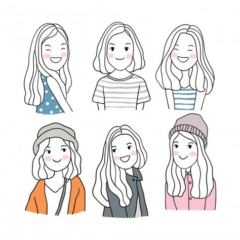 Character collection cute girl Premium Vector Girl Doodle, Doodle People, Happy Doodles, 심플한 그림, Hair Clipart, Arte Doodle, Drawing Cartoon Faces, Vector People, Doodle Cartoon