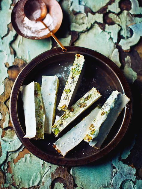 Pistachio, Lemon & Thyme Nougat | Jamie Oliver Nougat Recipe, Lemon Thyme, Pistachios Nuts, Christmas Fruit, Fruit Gifts, Christmas Food Desserts, Baking Tins, Homemade Christmas Gifts, Jamie Oliver