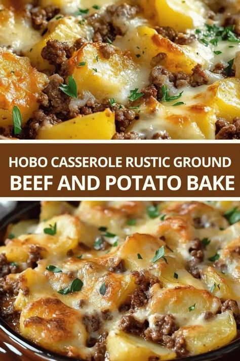 Hobo Casserole Rustic Ground Beef and Potato Bake Last Minute Family Dinner Ideas, Ground Beef Healthy Casserole, New Recipes For Dinner Ground Beef, Recipes W Potatoes, Manly Dinner Ideas, Cowboy Meat And Potato Casserole, Beef Stew Casserole Recipes, Cowboy Ground Beef Recipes, Egg And Potato Casserole Recipes