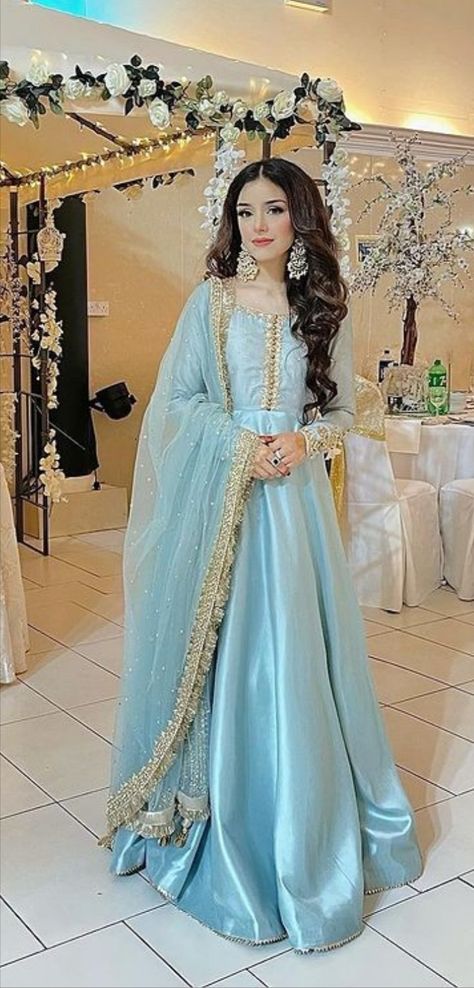 Blue Colour Pakistani Dresses, Dresses For Walima Function, Ice Blue Pakistani Bridal, Pishwas Dress Hyderabadi, Light Blue Shaadi Dress, Pakistani Blue Dress, Walima Simple Dress, Barat Wedding Dresses Pakistani, Sider Dress For Indian Wedding