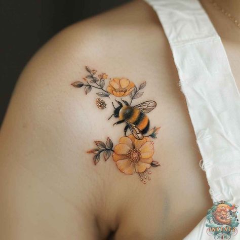 Bee Related Tattoos, Bee Moon Flower Tattoo, Fairy Flower Tattoos For Women, Bee Back Tattoo Women, Feminine Tattoo Areas, Matching Garden Tattoos, Tattoo Of A Bee, Birds And Bees Tattoo, Bumblebee And Flower Tattoo