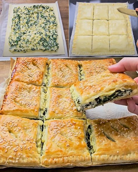 WORLD’S BEST GREEK VEGAN SPANAKOPITA Spinach Squares, Spanakopita Recipe, Pastry Ideas, Greek Recipes Authentic, Feta Cheese Recipes, Vegan Feta Cheese, Puff Pastry Filling, Feta Recipes, Parmesan Crusted