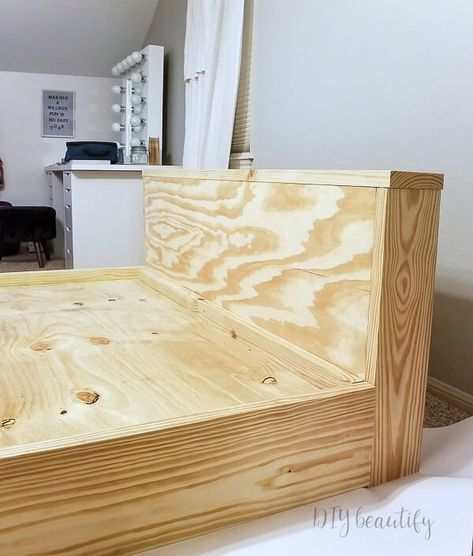 Build a modern platform bed for only $125! I'm sharing all the details for this Queen size bed at www.diybeautify.com. Queen Sized Platform Bed, Diy Bed Frame Ideas Platform, Platform Bed Couch, Diy Raised Platform Bed, Cheap Diy King Bed Frame, Simple Diy Bed Frame Platform, King Sized Platform Bed, Full Size Wooden Bed Frame Diy, Build A Platform Bed Diy