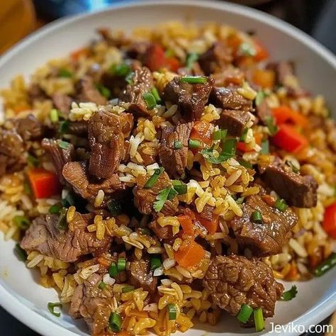 SEASONED BEEF AND RICE Rice With Steak Dinners, Beef Food Ideas, Rice Entrees Meals, Rice Supper Recipes, Steak Rice And Broccoli, Meals Using Stew Meat, Slow Cooker Beef And Rice, Beef Rice Pilaf Recipe, Roast Beef And Rice Recipes