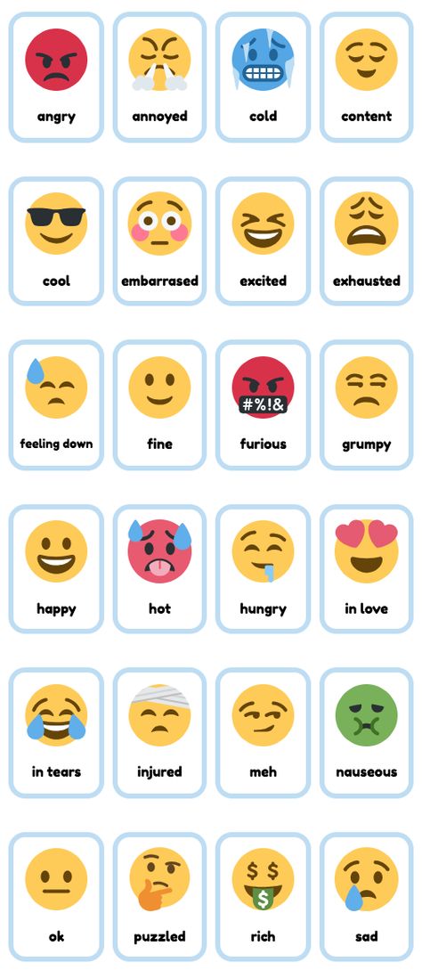 Feelings Emoji Flashcards for ESL / English teaching. Free and printable! Feelings Emoji, Korean Printable, Emotions Worksheet, Feelings Flashcards, Online Flashcards, Online Teaching Resources, Emotions Preschool, Teach English To Kids, Esl English