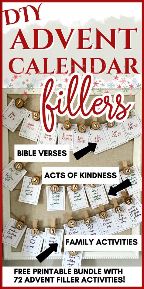 If you're looking for an easy Advent Calendar idea, here it is! This is a 22 page bundle with 4 different calendars, number cards plus 72 advent calendar fillers with different activities, including Christmas Bible Verse readings, Acts of Kindness and Family Activities! Make your own DIY Advent calendar by using these number cards or just the fillers! Advent Calendar Tree Diy, Christmas Service Advent Calendar, Items To Fill Advent Calendar, Advent Calendar Ideas Not Candy, Advent Kindness Calendar For Kids, Making Your Own Advent Calendar, Ideas To Put In An Advent Calendar, Fill Advent Calendar Ideas, Christian Family Advent Calendar