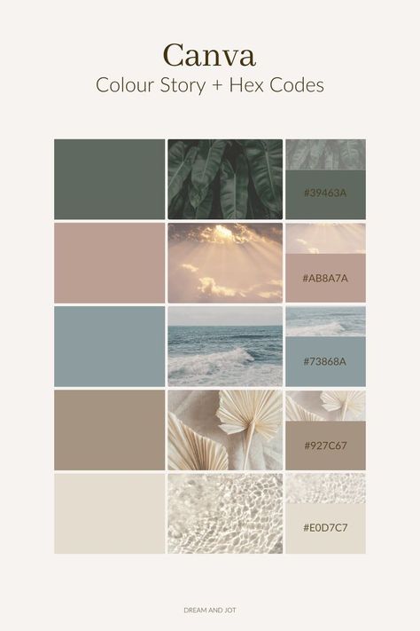 eqrfe Canva color palette with earthy tones and hex codes: #39463A, #AB8A7A, #73868A, #927C67, #E0D7C7. | Sky Rye Design Colour Palette With Hex Codes, Website Color Palette, Hex Color Palette, House Color Palettes, Color Schemes Colour Palettes, Nature Color Palette, Hex Codes, Brand Color Palette, Color Story