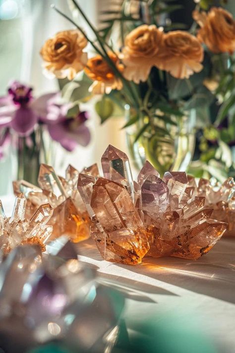 How To Arrange Crystals For Energy And Beauty Centerpieces With Crystals, Crystal Display Ideas Decor, Crystal Arrangements, Sunlife Organics, Crystals For Energy, Spring Bedroom Decor, Flowers And Crystals, Spiritual Garden, Backyard Balcony