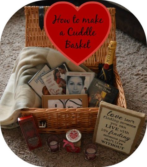 How to make a cuddle basket. The perfect personalised gift for your valentine. Or perhaps a Christmas gift? Add in their favourite sweets, a DVD and a blanket and enjoy some quality time together. Cuddle Basket Gift, Date Night Basket, Christmas Gift Hampers, Party Boxes, Holiday Baskets, Valentines Day For Him, Bf Gifts, Valentines Day Date