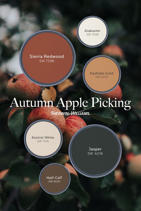 Looking for paint colors that capture the fresh, crisp air of autumn apple picking? Tap this pin to order FREE color chips from Sherwin-Williams. We'll preload all six into your shopping cart, and mail them right to your door. #sherwinwilliams #DIY #interiordesign #color #inspiration #paint #decor #homeimprovement #homedecor #autumnactivites #applepickingvibes #fall Fall House Paint Colors, Autumn Wall Colors, Fall Bedroom Paint Colors, Fall Colors Home Decor, Sherwin Williams Fall Color Palette, Fall Color Palette Home, New England Color Palette, Cottage Core Paint Colors, Rust Paint Color