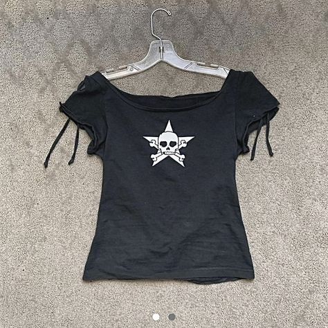 girl grunge goth aesthetic 2000s fashion clothing archive vintage cyber deftones mall goth black gothic archival Off The Shoulder Black Top, Star Skull, Tripp Pants, 2000s Clothing, Alt Outfits, Skull Tee, Swaggy Outfits, Dream Clothes, Grunge Fashion