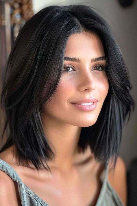 Face-Framing Layers with Middle Part Straight Hairstyle. Layers Shoulder Length Hair Straight, Mid Length Dark Hairstyles, Layers For Short Length Hair Straight, Black Short Hairstyle Women, Straight Textured Long Bob, Short Haircuts For Black Hair, Shoulder Length Hair Styles Straight, Short Hairstyles For Black Hair, Short Black Hair With Face Framing