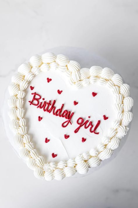 Heart Shaped Aesthetic Cake, Birthday Cake Words Ideas, Girly Heart Cake, Red Velvet Chocolate Chip Cake, White Love Heart Cake, Red Velvet Bday Cake, White Cake With Red Hearts, White And Red Birthday Theme, White Heart Cake Birthday