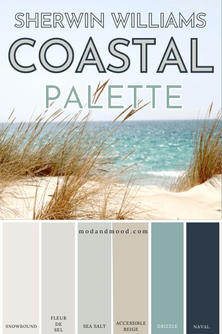 Ocean Theme Paint Colors, Coastal Decor Color Palette, Coastal House Paint Colors, Coastal Farmhouse Paint Scheme, Sea Apartment Interior Design, Sherwin Williams Coastal Color Palette, Paint Colors For Beach House Interior, Beach Home Color Palette, Beach Cottage Color Palette