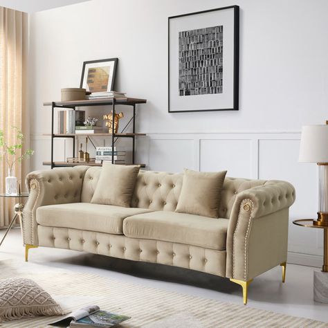 Frotten 84.6'' Velvet Sofa Brown Chesterfield Sofa, Beige House, Button Tufted Sofa, Velvet Chesterfield, Velvet Chesterfield Sofa, Classic Glam, Tufted Loveseat, Contemporary Accent Chair, Velvet Living Room