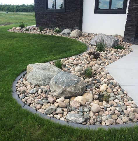 Rock Mulch, River Rock Landscaping, Stone Landscaping, Small Front Yard Landscaping, Rock Garden Design, Rock Gardens, Front Landscaping, Rock Garden Landscaping, Front House Landscaping