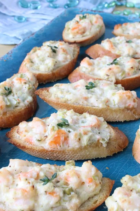 Shrimp And Grit Appetizers, Shrimp On Toast Appetizer, Shrimp Appetizer Cups, Fancy Apps Appetizer Recipes, Shrimp Orderves, New England Shrimp Rolls, Garlic Shrimp Crostini With Avocado, Cold Fancy Appetizers, Baked Shrimp Toast Recipe