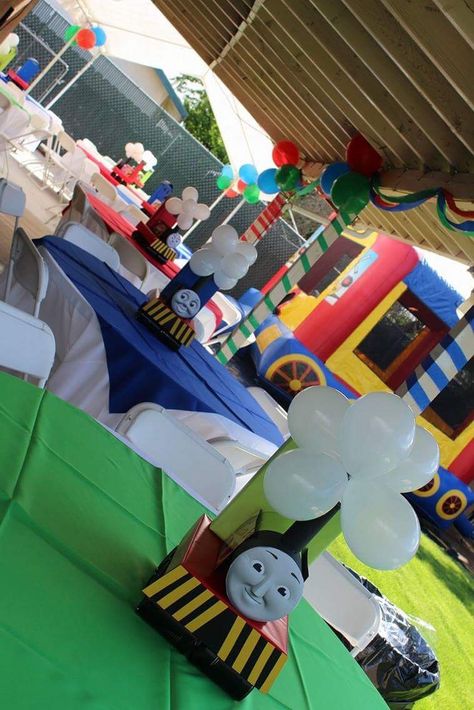 Thomas And Friends Dessert Table, Thomas And Friends Birthday Decoration, Thomas The Train Centerpieces, Train Centerpiece Ideas, Friends Birthday Theme, Thomas And Friends Birthday Party, Thomas And Friends Birthday, Choo Choo Train Birthday Party, Train Birthday Party Decorations