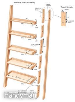 Leaning Tower of Shelves: Leaning Ladder Shelf | Family Handyman Leaning Shelves, Diy Ladder Shelf, Tower Shelf, Leaning Bookshelf, Shelf Plans, Bookshelf Diy, Leaning Shelf, Ladder Shelves, Leaning Ladder