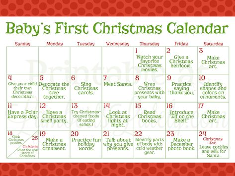 Love these ideas for how to celebrate a baby's first Christmas! This post includes a printable calendar you can use for ideas on ways to celebrate, including traditions, crafts, and gifts. Baby Advent Calendar, Christmas Smell, Holiday Favorite Recipes, New Jobs, Operation Christmas, Christmas Calendar, Free Printable Calendar, Christmas Post, Charlie Brown Christmas