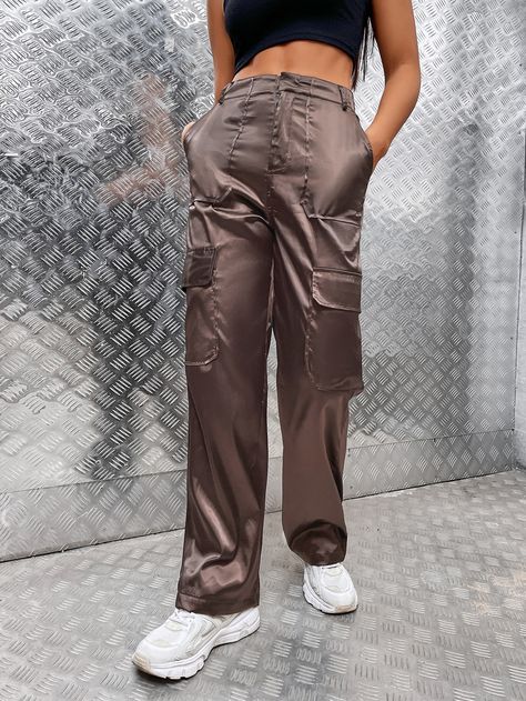 Marrón Chocolate Casual Collar  Tela Liso Pantalones cargo Embellished No-Elástico Primavera/Otoño Bottoms de Mujer Pants Embellished, Pocket Cargo Pants, Women Bottoms, Women Pants, Cargo Trousers, Spring And Fall, Chocolate Brown, Cargo Pants, Parachute Pants