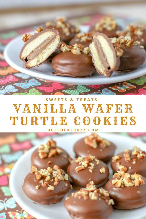 These Vanilla Wafer Turtle Cookies have it all - warm, gooey buttery caramel, rich milk chocolate, salty pecans, and the crunchy sweetness of vanilla wafers. Best of all, these chocolate-covered sandwich cookies are incredibly easy to make!  #cookies #easyrecipe Vanilla Wafer Snacks, Vanilla Wafers Dessert Ideas, Chocolate Covered Cookies Ideas, Desserts Using Vanilla Wafers, Vanilla Wafers Ideas, Vanilla Wafer And Rolos, Vanilla Wafer Recipe Ideas, Easy Dinners For Summer, Vanilla Wafer Truffles