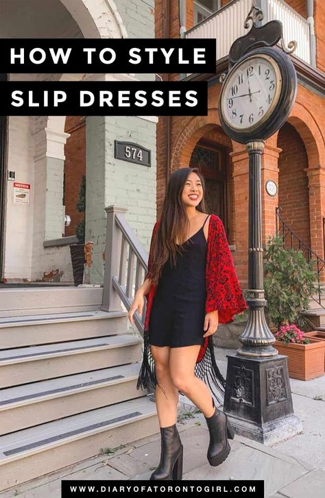 Slip Dress Shoes Outfit, Slip Dress And Cardigan Outfit, Layer Spaghetti Strap Dress, How To Layer A Dress Summer, How To Style Cami Dress, Black Slip Dress Outfit Summer, Styling A Spaghetti Strap Dress, Shoes With Slip Dress, How To Style A Slip Dress Outfit Ideas