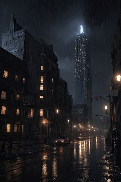 Immerse yourself in the mesmerizing beauty of Gotham City at night. The ultra-realistic depiction showcases Wayne Tower amid a torrential downpour, evoking a captivating dark aesthetic. The level of detail in the real-looking buildings and the hyper-realistic ambiance create a stunning visual experience. . #GothamCity #WayneTower #DarkAesthetic #HyperRealistic #UltraRealistic #RainyNight New York City Dark Aesthetic, Noir City Art, Rainy Dark Aesthetic, New York Dark Aesthetic, Dark Urban Aesthetic, Wayne Tower, Gotham City Aesthetic, Gotham Aesthetic, Dark Deco