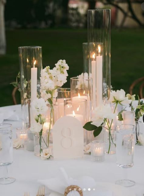 Candle Round Table Centerpiece, Wedding Table Flower Arrangements With Candles, Reception Tables With Candles, Wedding Lots Of Candles, White Florals And Candles Wedding, Bridal Table Candles, Garden Reception Wedding Decorations, Timeless Wedding Table Settings, Wedding Table Settings With Candles