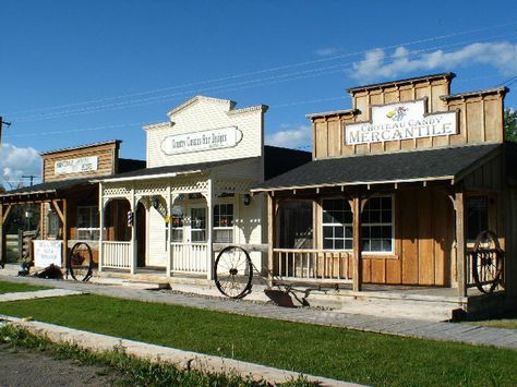 western store front spaced Western Facade, Cowboy Town, Old West Saloon, Rustic Shed, Old Western Towns, Metal Shop Building, Old West Town, Western Saloon, Old Western