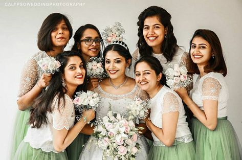 Bridesmaid Gown Indian, Kerala Wedding Dress For Cousins, Rip Bachelorhood, Cousins Dress Code For Kerala Wedding, Kerala Bridesmaid Dresses, Kerala Wedding Dress Code, Dress Code For Kerala Wedding, Bridesmaid Dresses Kerala Christian, Betrothal Dress