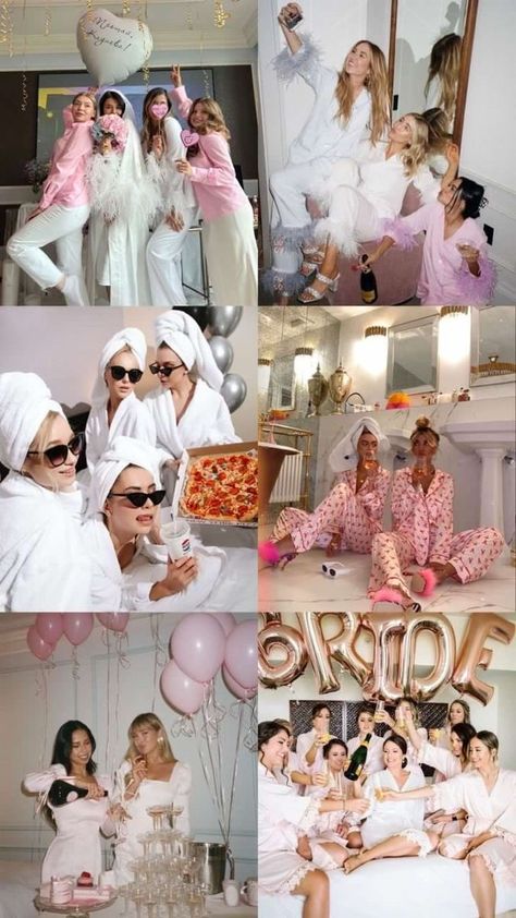 Bridal Shower Ideas Photoshoot, Pyjama Party Hen Do, Bridal Sleepover Ideas, Bridal Party Sleepover, Night Out Bachelorette Party Outfits, Bachelorette Picture Backdrop, Sleepover Bridal Shower Ideas, Bridal Shower Sleepover, Bachelorette Pretty In Pink