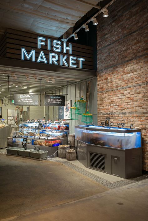 Market Design Ideas, Fish Market Design, Korean Grocery Store, Millwork Design, Wet Market, Korean Grocery, Seafood Shop, Grocery Store Design, Deli Style