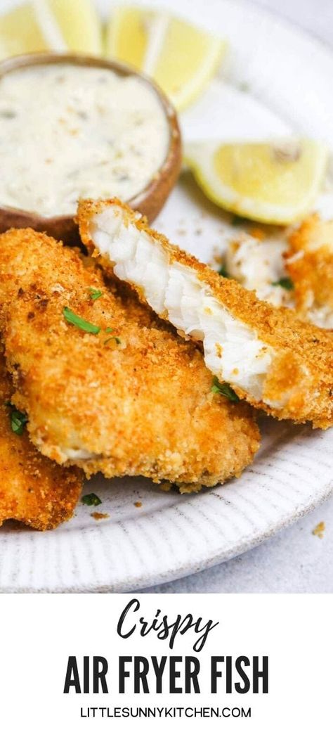 These golden fish fillets are cooked in the air fryer until crispy and delicious! Covered in a tasty crust, the fish remains soft and velvety from the inside. Ready in just 20 minutes! #airfryerrecipes #airfryerfish Easy Air Fryer Fish Recipes, Air Fryer Fish Fry, Fried Fish Air Fryer Recipe, Fried Haddock In Air Fryer, Air Frying Fish Fillets, Air Fried Halibut Recipes, Air Fried Flounder Recipes, Flounder Fish Recipes Air Fryer, Air Fryer Flounder Recipes