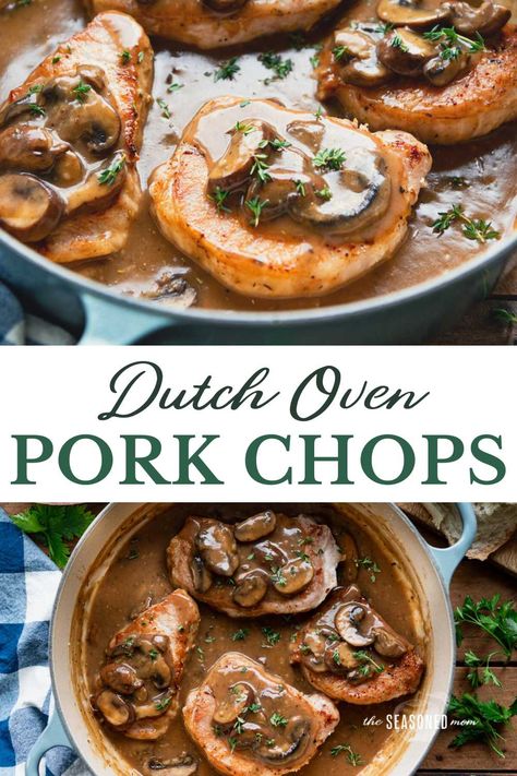 Tender and juicy Dutch oven pork chops are smothered in a flavorful mushroom gravy! The easy dinner comes together in about 30 minutes, and is delicious alongside mashed potatoes, a loaf of crusty bread, or a skillet of cornbread. Dutch Oven Pork Chops, Oven Steak Recipes, Pork Chops With Mushroom Gravy, Dutch Oven Pork, Braised Pork Chops, Oven Pork Chops, Mushroom Pork Chops, Pork Chops And Gravy, Tender Pork Chops