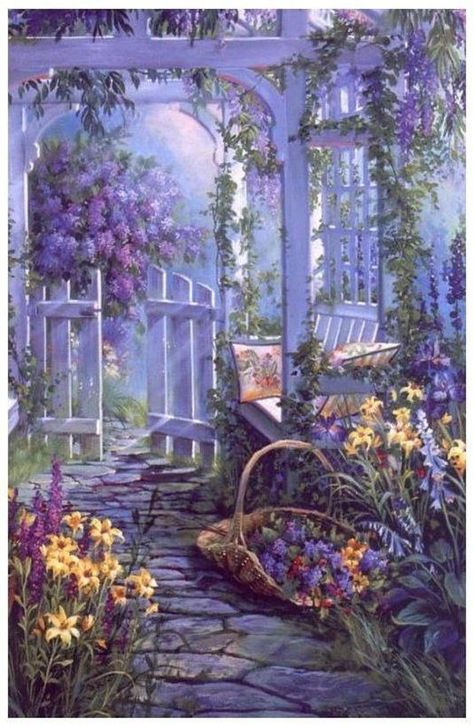 Image Zen, Raindrops And Roses, Lavender Cottage, Cottage Art, Garden Painting, Cottage Garden, Beautiful Paintings, Garden Arch, Pretty Pictures