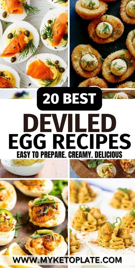 Plan ahead with deviled eggs, the ultimate appetizer that’s easy to make and perfect for any gathering. Whether it’s a fancy dinner or a laid-back brunch, these versatile bites are sure to impress your guests. Maple Bacon Deviled Eggs Food Network, Deviled Eggs Fancy Ideas, Gourmet Deviled Eggs Appetizers, Dessert Deviled Eggs, Deviled Eggs Different Ways, Deviled Eggs Unique, Different Types Of Deviled Eggs, Deviled Eggs Flight, Deviled Egg Toppings