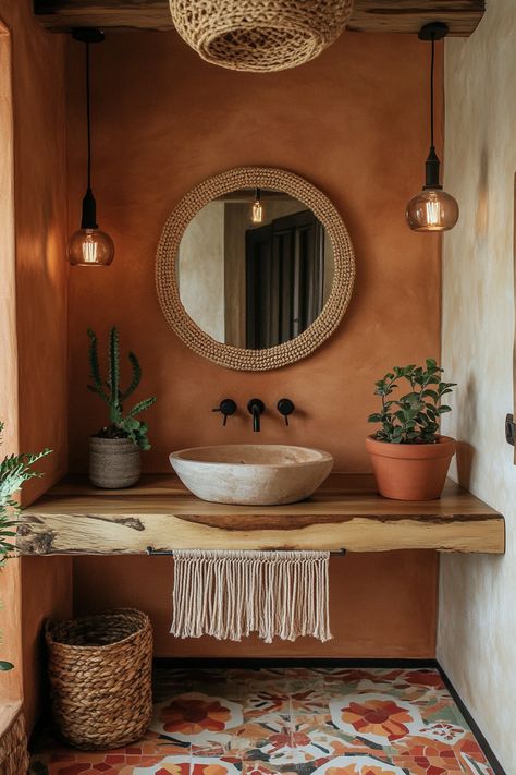 Elevate your space with boho vibes and modern bathroom ideas! This rustic sink and natural decor create a warm, inviting atmosphere. Incorporate plants and woven elements for a touch of greenery and texture. #InteriorDesign #BohoBathroom #ModernBathroomIdeas Boho Natural Home Decor, Boho Country House Ideas, Boho Bathroom With Plants, Mid Century Modern Boho Bathroom, Desert Color Bathroom, Desert House Bathroom, Bathroom Decor Ideas White Cabinets, Spanish Boho Bathroom, Powder Room Terracotta