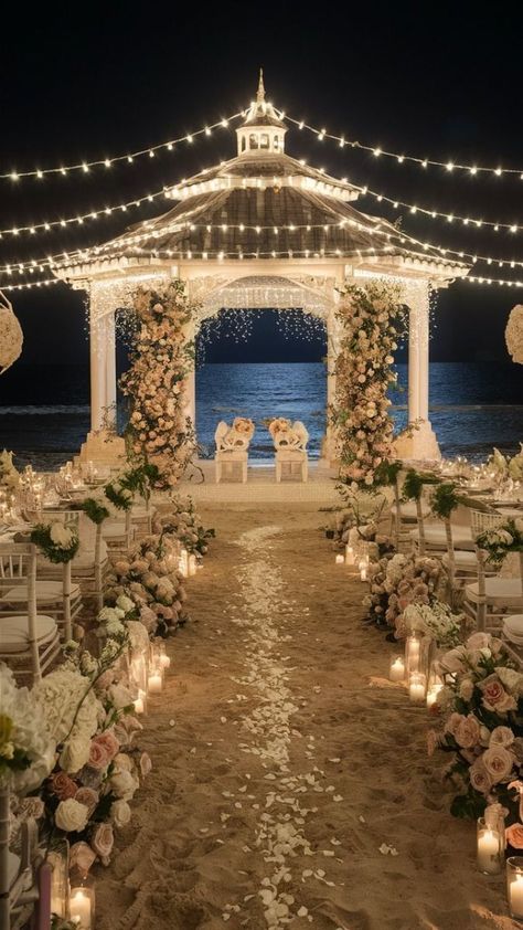 15 Beach Wedding Ideas Perfect for Your Big Day | Beach Wedding Inspo Wedding Venue Isle, Beach Wedding Night Time, Fairytale Beach Wedding, Simple Wedding Venue Ideas, Dream Wedding Beach, Beach Proposal Setup, Beach Inspired Wedding, Ocean Wedding Theme, Beach Wedding Ideas