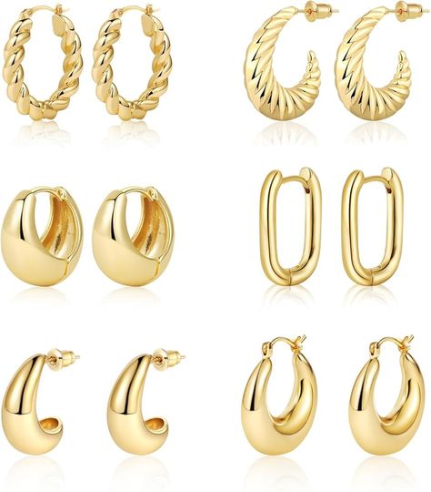 Amazon.com: BERISO 6 Pairs Gold Hoop Set Earrings for Women 14K Gold Plated Lightweight Small Gold Hoop Earrings for Women Chunky Open Huggie Hoops Earrings : Clothing, Shoes & Jewelry Pack Of Gold Earrings, Women Hoop Earrings, Preppy Gold Hoop Earrings, Cute Jewelry Gifts, Trendy Earrings Hoops, Non Tarnish Earrings, Cute Trendy Earrings, Long Lasting Jewelry, Gold Earrings Pack