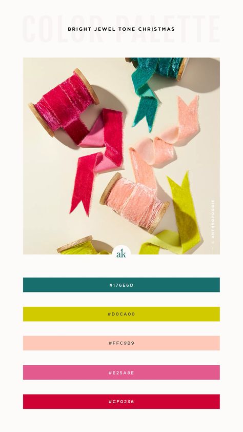 A bright, jewel tone Christmas Color Palette // turquoise, raspberry, blush, chartreuse Holiday Palette Color, Bright Eclectic Color Palette, Colorful Brand Palette, Bright Ideas, Spring Jewel Tones, Christmas 2024 Color Palette, Jewel Tone Christmas Color Palette, Cool Color Pallets, Bright Color Christmas