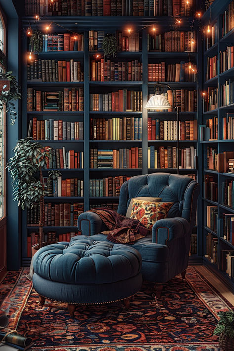 home library inspo, home library ideas, moody library Cool Nook Ideas, Beautiful Libraries Cozy, Small Dark Library Room, Home Library Basement, Dark Wood Built In Bookshelves, Moody Home Study, Library Decorating Ideas Home, Moody Book Nook, Making A Library In Your Home