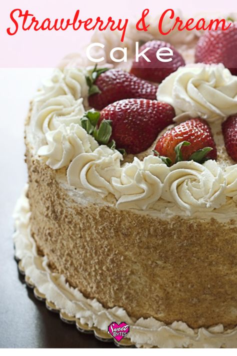 Vanilla Cake With Strawberry Filling And Cream Cheese Frosting, Strawberries Cream Cake, Strawberry Torte Cake, Strawberry Cream Cake Recipe, White Strawberry Cake, White Cake With Strawberries, Strawberry Almond Cake, Vanilla Strawberry Cake, Strawberry And Cream Cake