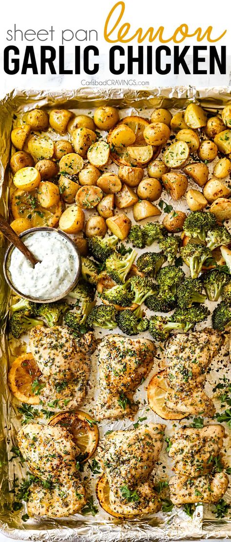 Lemon Garlic Chicken (Sheet Pan with Potatoes & Broccoli OR Marinade) Lemon Garlic Chicken Thighs, Sheet Pan Dinners Recipes, Lemon Garlic Chicken, Easy Healthy Meal Prep, Chicken Potatoes, Pan Recipes, Health Dinner Recipes, Sheet Pan Dinners, Lunch Meal Prep