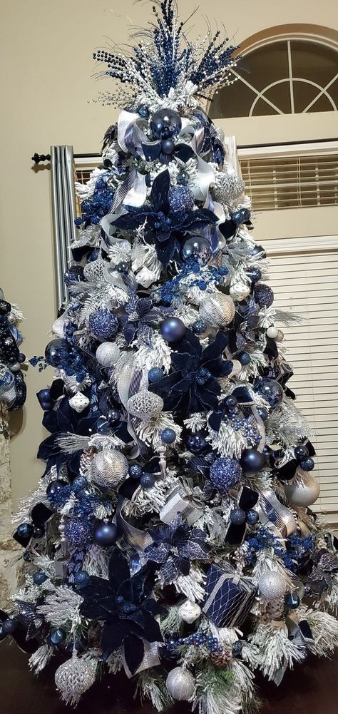 Navy Silver And White Christmas Tree, Christmas Blue And White Decorations, Denim Blue Christmas Tree, Christmas Tree Toppers Blue And Silver, Navy Blue Silver And White Christmas Decor, Navy White Christmas Tree, Blue Grey White Christmas Decor, Navy Tree Decorations, Black White Blue Christmas Tree