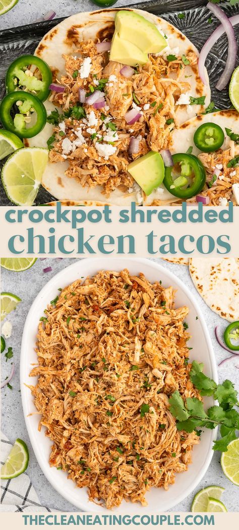 An easy, healthy recipe for Crockpot Shredded Chicken Tacos! Let your slow cooker do the work for dinner tonight and enjoy delicious shredded chicken tacos with salsa! Low Carb Shredded Chicken Tacos, Pulled Chicken Tacos Crock Pot Recipes, Street Tacos Chicken Crockpot, Salsa Taco Chicken Crock Pot, Crockpot Chicken Recipes Tacos, Chicken Crockpot For Tacos, Healthy Crockpot Pulled Chicken, Healthy Shredded Chicken Recipes Crockpot, Crockpot Shredded Chicken Meal Prep