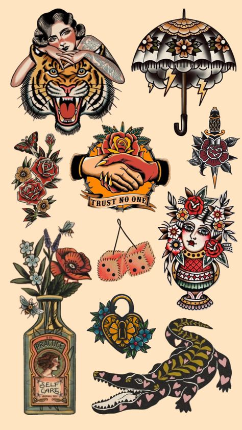 #tattoo #tattoos #tattooinspo #flashsheet #traditional #vibes German Style Tattoo, Women’s Tattoo American Traditional, Traditional American Tattoo Art, Feminine American Traditional Sleeve, Traditional Neck Tattoos Women, Flash Art Tattoos Men, Black And White Flash Tattoo, American Traditional Tattoos Moon, Leg Tattoos Women Patchwork