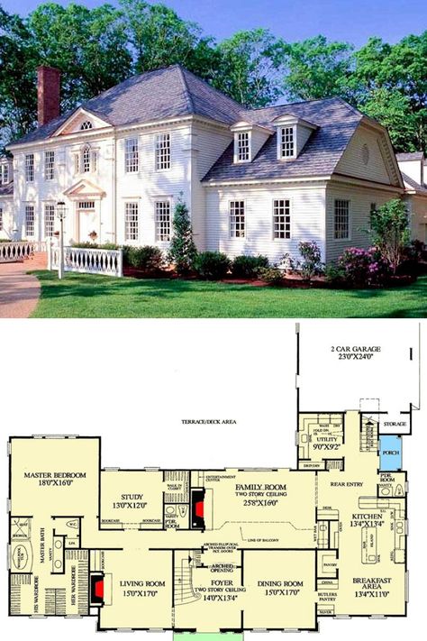 The full floor plan and blueprint home layout of a beautiful 4 bedroom, 4.5+ bathroom, 4204 sq ft 2 story traditional Colonial house plan. Southern style room interior design and colonial home decor ideas included! Featured is the simple yet beautiful exterior architectural style with a classic farmhouse look. #2story #houseplans #floorplans #blueprints #homelayout https://www.architecturaldesigns.com/house-plans/tradition-at-its-best-32503wp?cjevent=875a4ca795e411ea81ac00a20a180510 Colonial House Layout Home Plans, Colonial House Interior Floor Plans, 2 Story Colonial Exterior, 5 Bedroom Colonial House Floor Plan, Classic Colonial House Plans, House Plans Colonial Farmhouse, Classic Two Story House, Colonial Floor Plans Traditional, Floor Plans Colonial